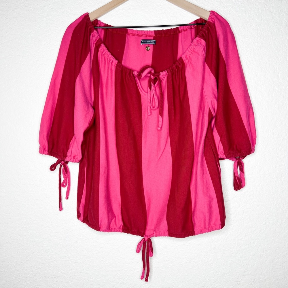 MDS Stripes Pink Red Striped Top Cinched Waist Tie Neck size 1 Womens Small